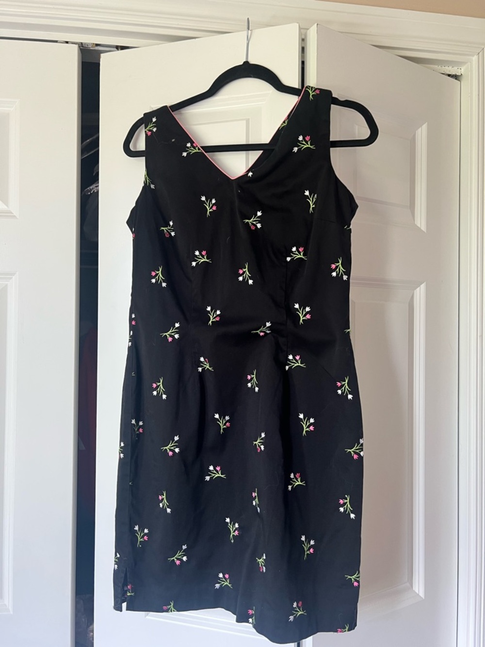 Amanda Smith Black shift Dress with Pink & Green Floral Embroidery
